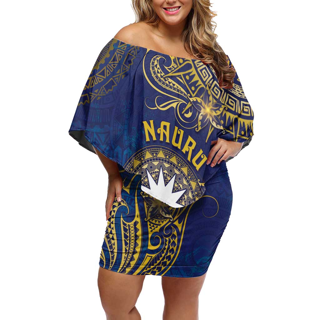 Personalised Nauru Family Matching Off Shoulder Short Dress and Hawaiian Shirt Hibiscus Polynesian Tribal Pattern DT05 Mom's Dress Navy - Polynesian Pride
