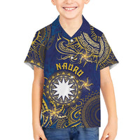 Personalised Nauru Family Matching Off Shoulder Short Dress and Hawaiian Shirt Hibiscus Polynesian Tribal Pattern DT05 Son's Shirt Navy - Polynesian Pride