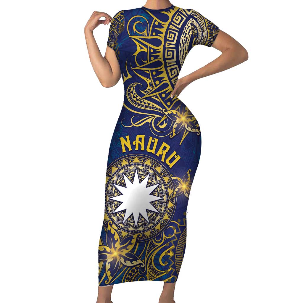 Personalised Nauru Family Matching Short Sleeve Bodycon Dress and Hawaiian Shirt Hibiscus Polynesian Tribal Pattern DT05 Mom's Dress Navy - Polynesian Pride