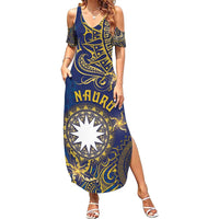 Personalised Nauru Family Matching Summer Maxi Dress and Hawaiian Shirt Hibiscus Polynesian Tribal Pattern DT05 Mom's Dress Navy - Polynesian Pride