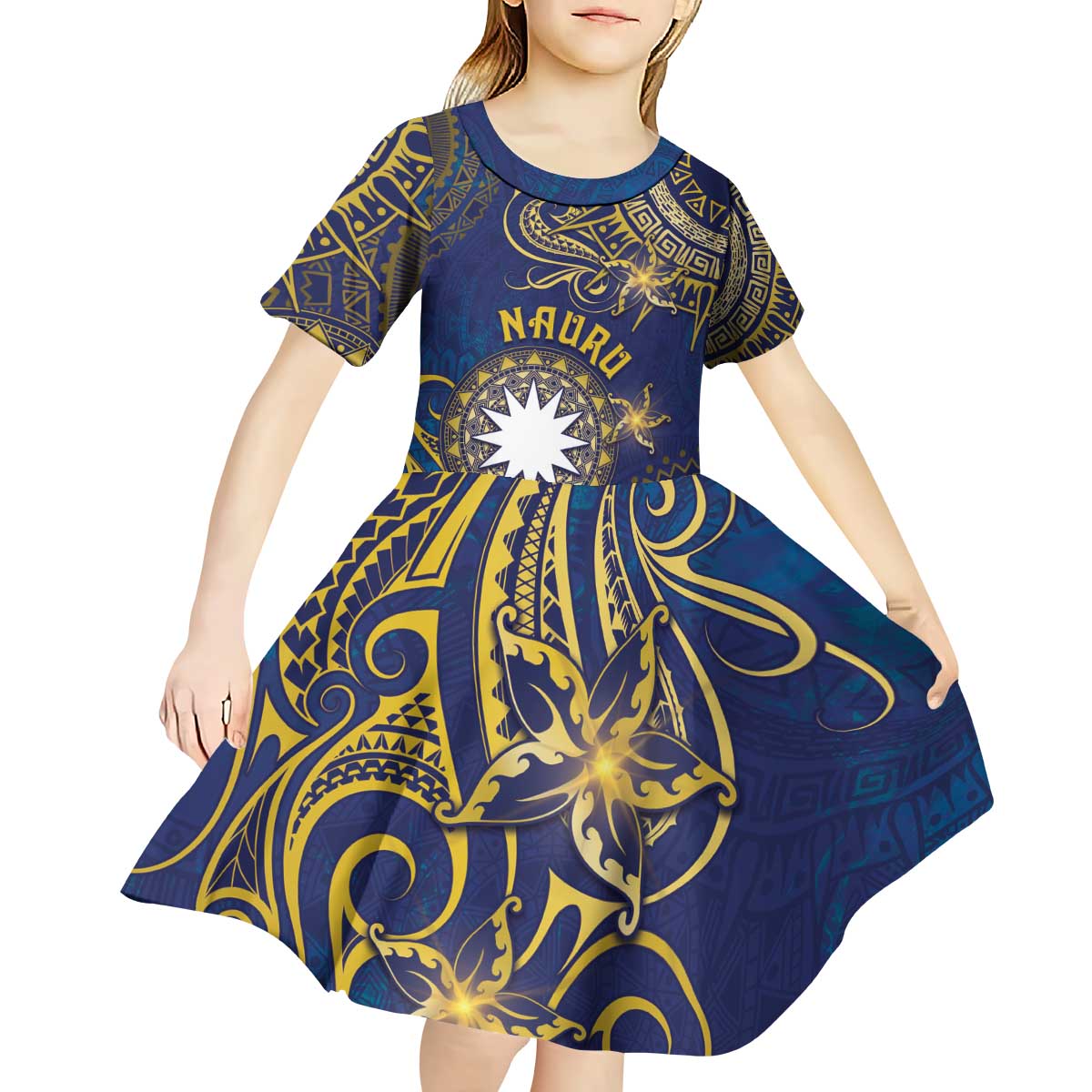 Personalised Nauru Kid Short Sleeve Dress Hibiscus Polynesian Tribal Pattern DT05 - Polynesian Pride