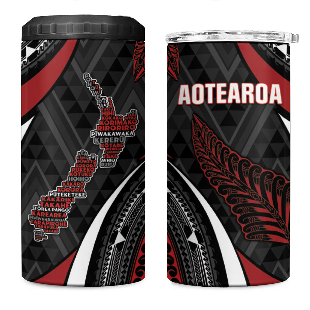 Aotearoa New Zealand Native Birds Map 4 in 1 Can Cooler Tumbler Silver Fern Tribal Pattern