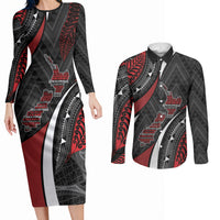 Aotearoa New Zealand Native Birds Map Couples Matching Long Sleeve Bodycon Dress and Long Sleeve Button Shirt Silver Fern Tribal Pattern DT05 Red - Polynesian Pride