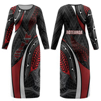 Aotearoa New Zealand Native Birds Map Couples Matching Long Sleeve Bodycon Dress and Long Sleeve Button Shirt Silver Fern Tribal Pattern DT05 - Polynesian Pride