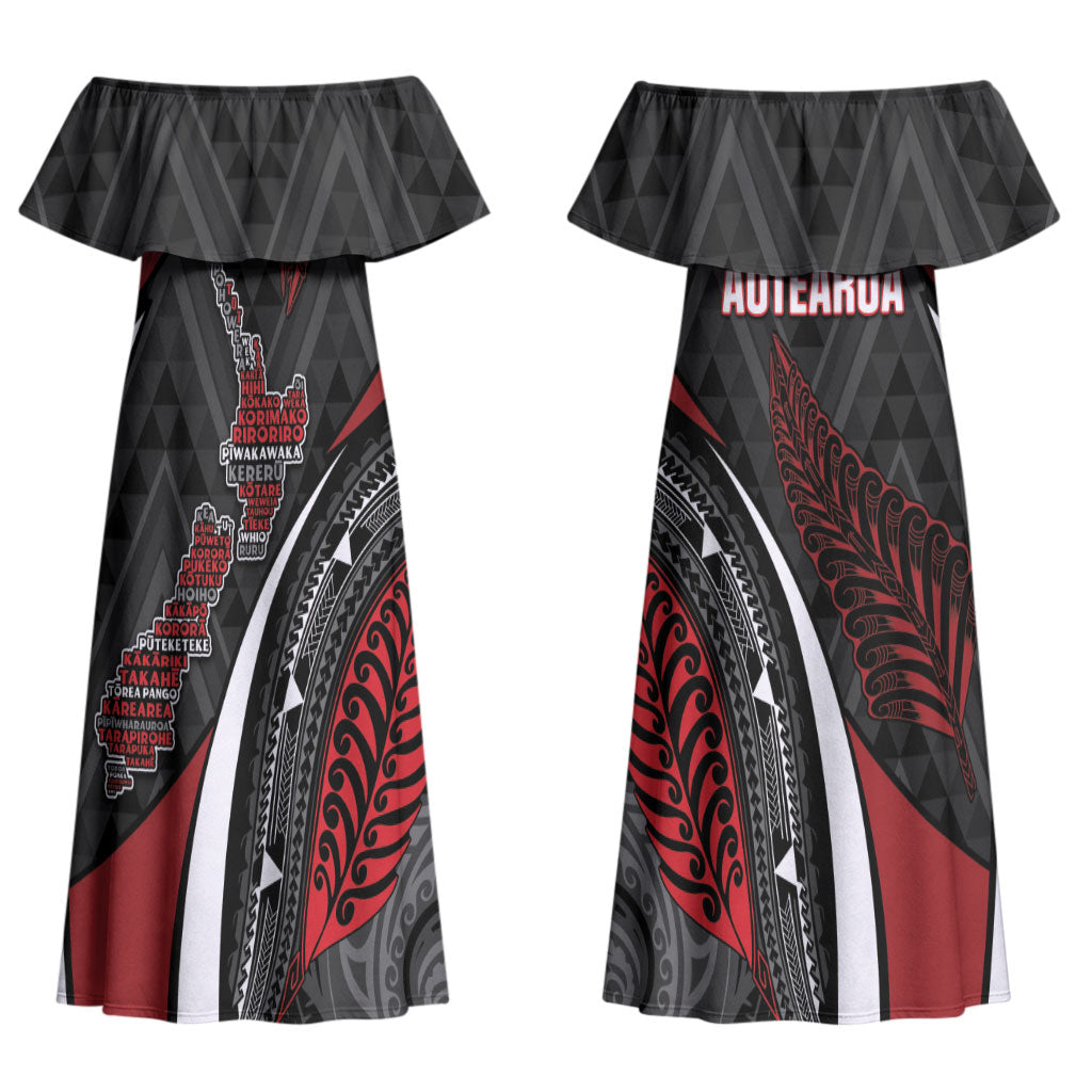 Aotearoa New Zealand Native Birds Map Couples Matching Off Shoulder Maxi Dress and Hawaiian Shirt Silver Fern Tribal Pattern DT05 - Polynesian Pride