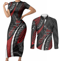 Aotearoa New Zealand Native Birds Map Couples Matching Short Sleeve Bodycon Dress and Long Sleeve Button Shirt Silver Fern Tribal Pattern DT05 Red - Polynesian Pride