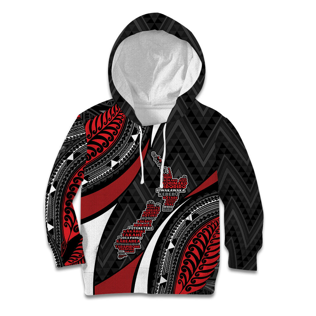 Aotearoa New Zealand Native Birds Map Kid Hoodie Silver Fern Tribal Pattern