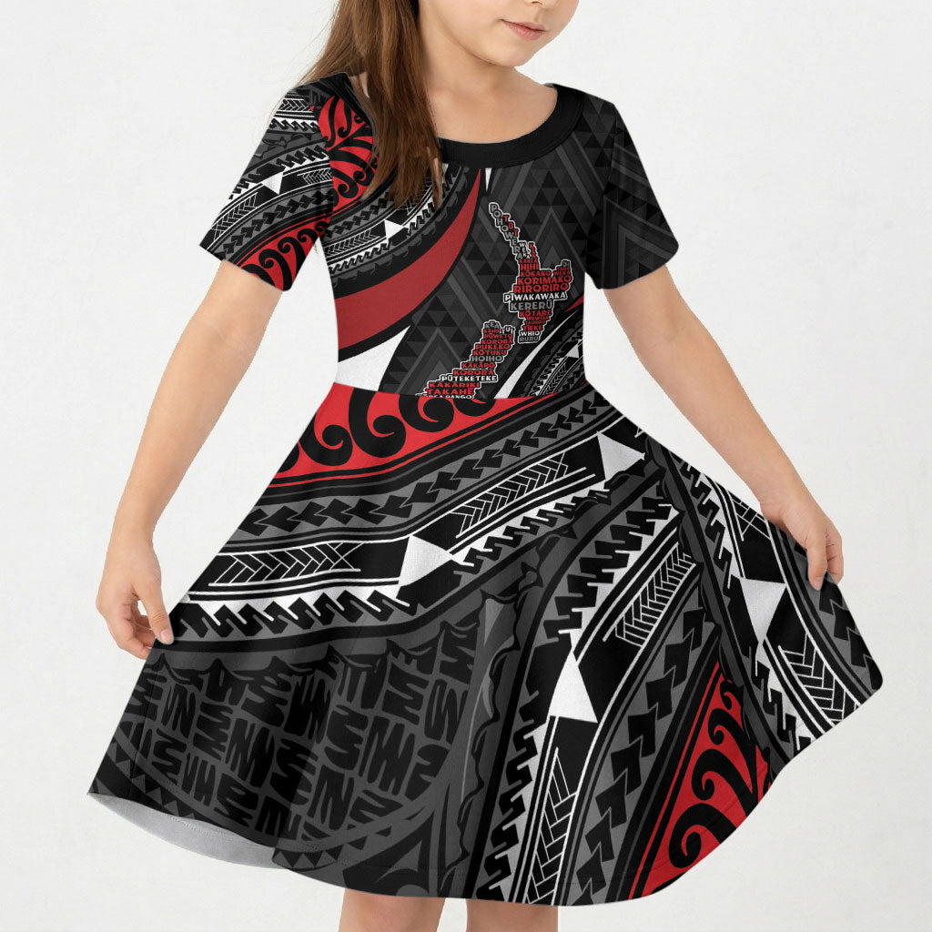 Aotearoa New Zealand Native Birds Map Kid Short Sleeve Dress Silver Fern Tribal Pattern