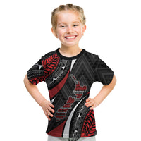 Aotearoa New Zealand Native Birds Map Kid T Shirt Silver Fern Tribal Pattern DT05 Red - Polynesian Pride