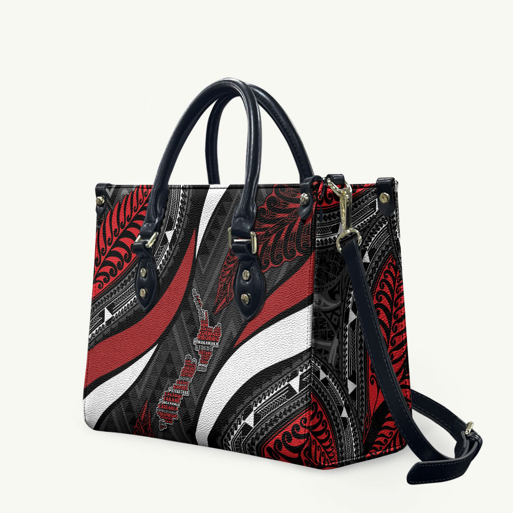 Aotearoa New Zealand Native Birds Map Leather Bag Silver Fern Tribal Pattern