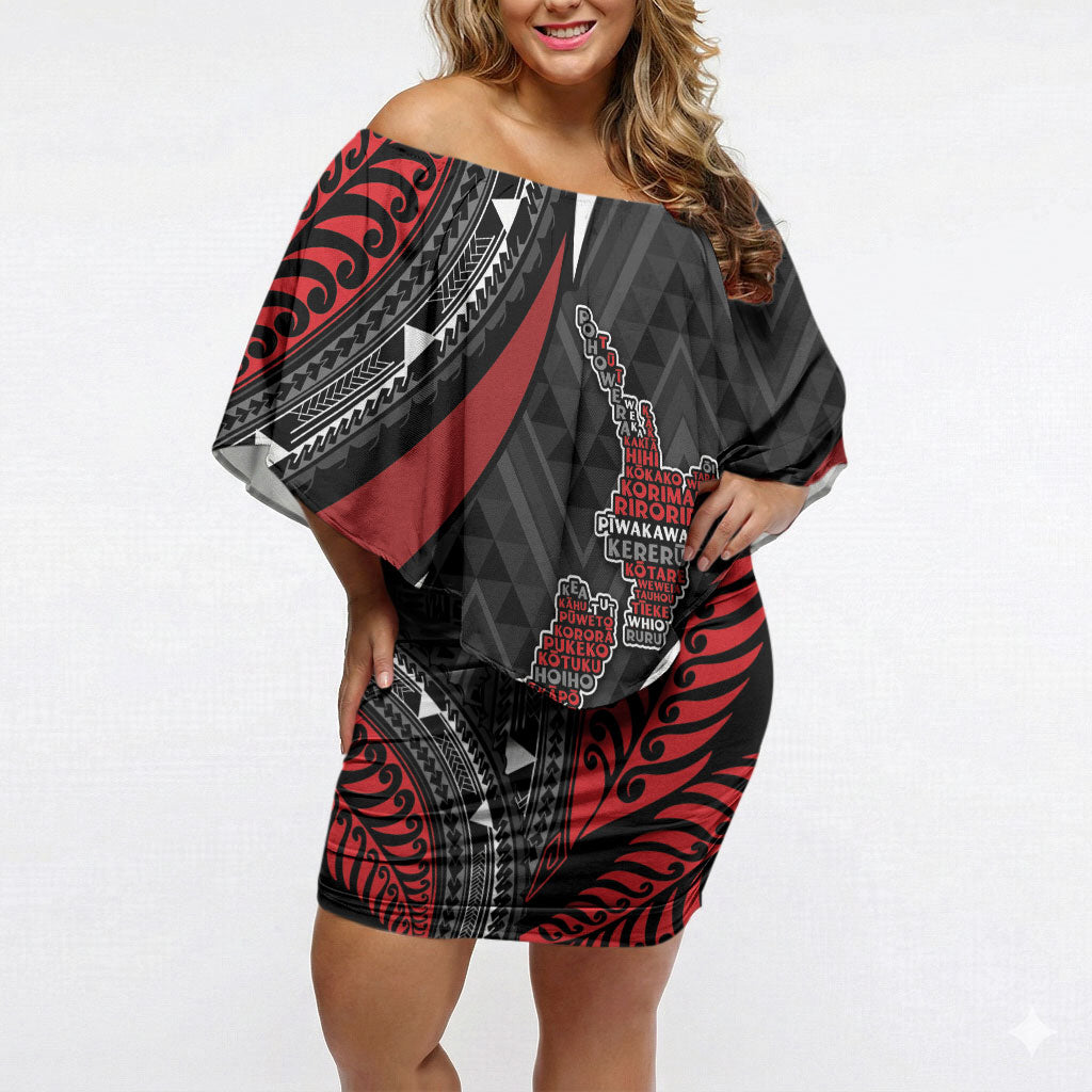 Aotearoa New Zealand Native Birds Map Off Shoulder Short Dress Silver Fern Tribal Pattern