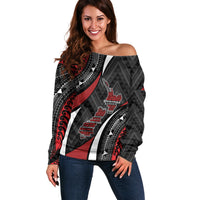 Aotearoa New Zealand Native Birds Map Off Shoulder Sweater Silver Fern Tribal Pattern DT05 Women Red - Polynesian Pride