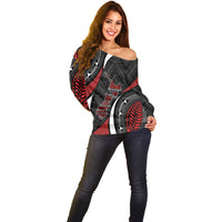 Aotearoa New Zealand Native Birds Map Off Shoulder Sweater Silver Fern Tribal Pattern DT05 - Polynesian Pride