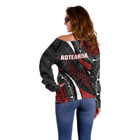 Aotearoa New Zealand Native Birds Map Off Shoulder Sweater Silver Fern Tribal Pattern DT05 - Polynesian Pride