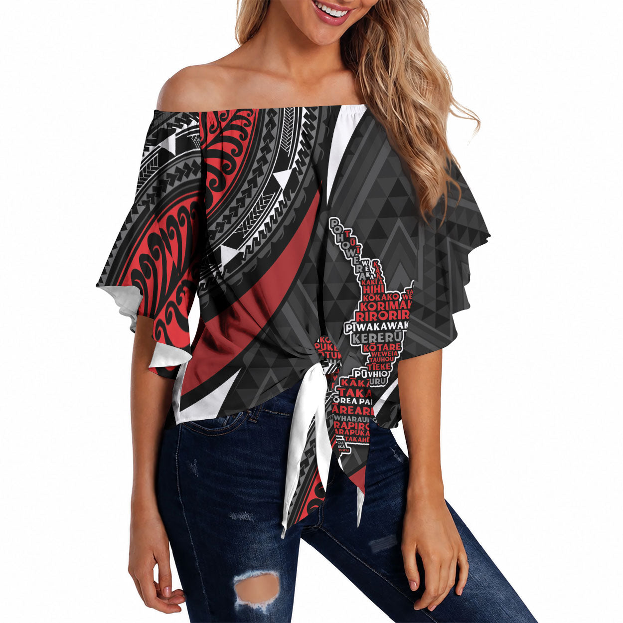 Aotearoa New Zealand Native Birds Map Off Shoulder Wrap Waist Top Silver Fern Tribal Pattern