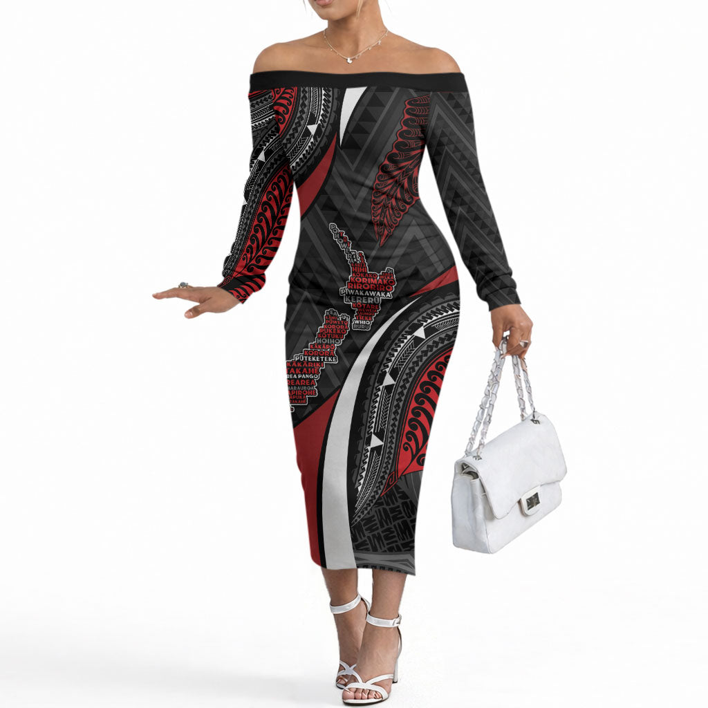 Aotearoa New Zealand Native Birds Map Off The Shoulder Long Sleeve Dress Silver Fern Tribal Pattern