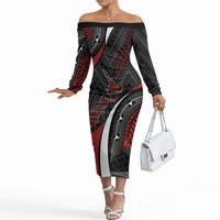 Aotearoa New Zealand Native Birds Map Off The Shoulder Long Sleeve Dress Silver Fern Tribal Pattern DT05 Women Red - Polynesian Pride