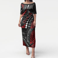 Aotearoa New Zealand Native Birds Map Puletasi Silver Fern Tribal Pattern DT05 Long Dress Red - Polynesian Pride