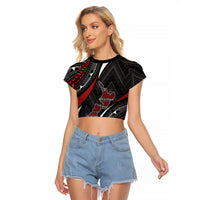 Aotearoa New Zealand Native Birds Map Raglan Cropped T Shirt Silver Fern Tribal Pattern DT05 Female Red - Polynesian Pride