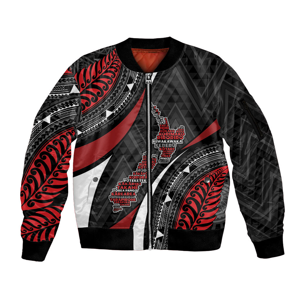 Aotearoa New Zealand Native Birds Map Sleeve Zip Bomber Jacket Silver Fern Tribal Pattern