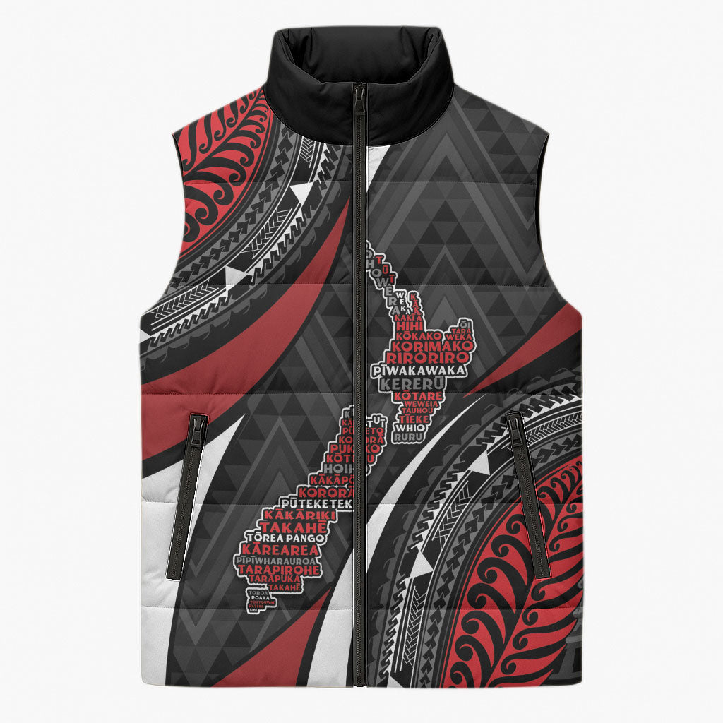 Aotearoa New Zealand Native Birds Map Sleeveless Puffer Jacket Silver Fern Tribal Pattern
