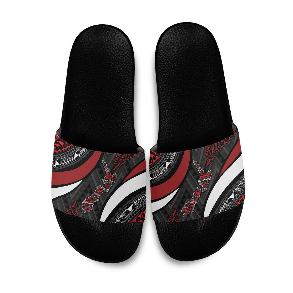 Aotearoa New Zealand Native Birds Map Slide Sandals Silver Fern Tribal Pattern