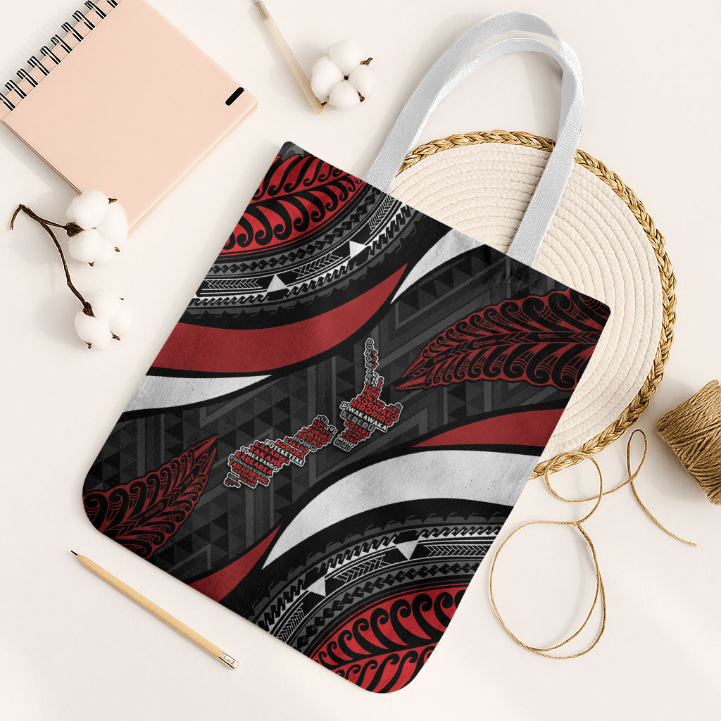 Aotearoa New Zealand Native Birds Map Tote Bag Silver Fern Tribal Pattern DT05 White Strap One Size Red - Polynesian Pride