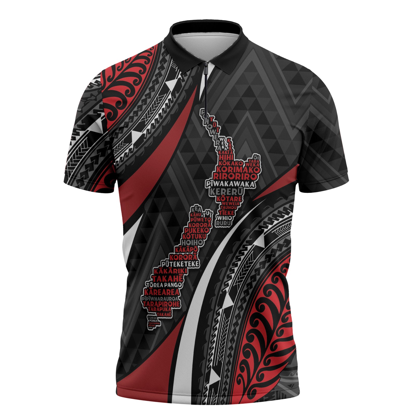 Aotearoa New Zealand Native Birds Map Zipper Polo Shirt Silver Fern Tribal Pattern