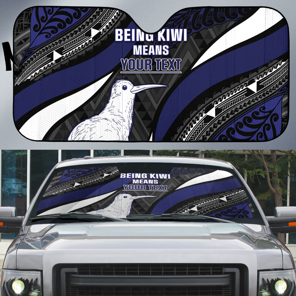 Personalised New Zealand Kiwi Auto Sun Shade Silver Fern Tribal Pattern DT05 Navy - Polynesian Pride