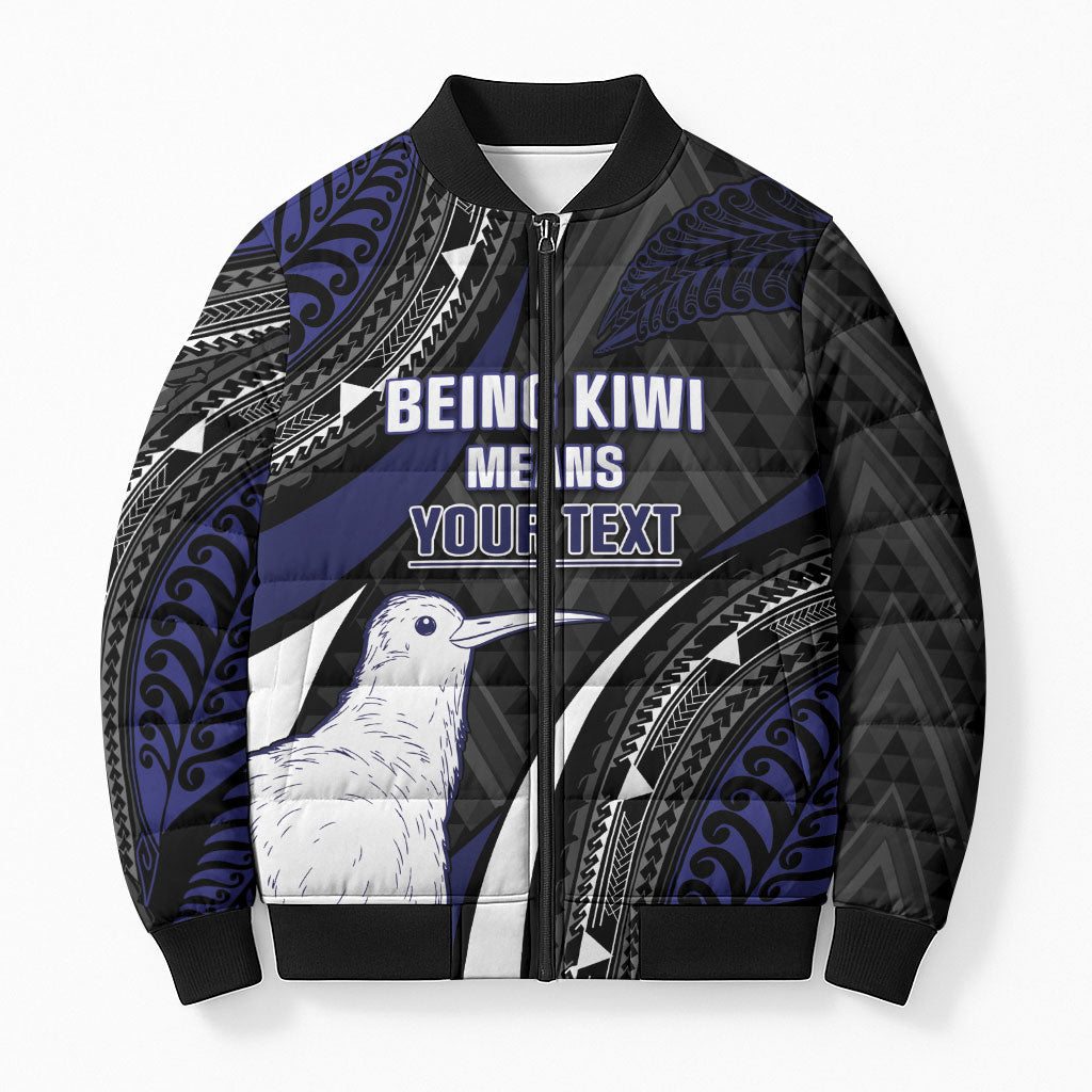 Personalised New Zealand Kiwi Bomber Puffer Jacket Silver Fern Tribal Pattern