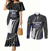 Personalised New Zealand Kiwi Couples Matching Mermaid Dress and Long Sleeve Button Shirt Silver Fern Tribal Pattern DT05 Navy - Polynesian Pride