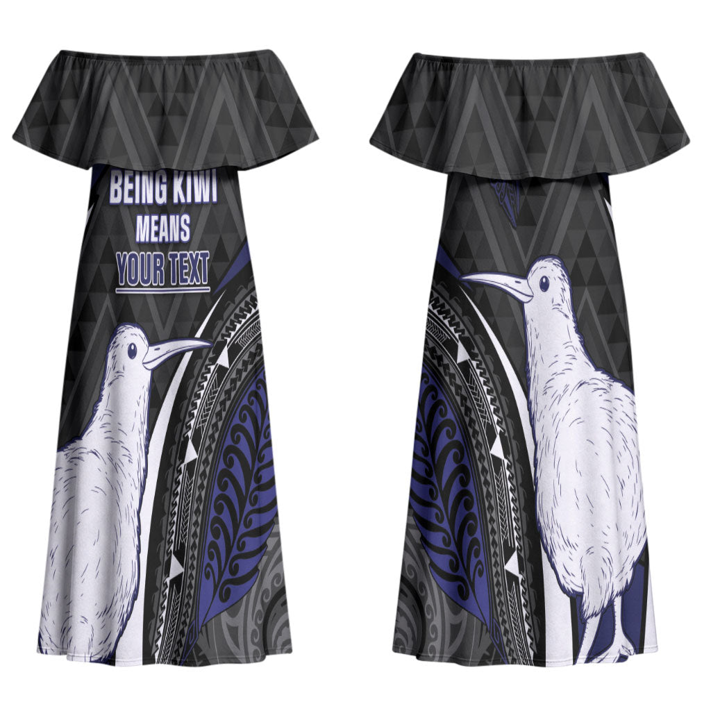 Personalised New Zealand Kiwi Couples Matching Off Shoulder Maxi Dress and Long Sleeve Button Shirt Silver Fern Tribal Pattern DT05 - Polynesian Pride