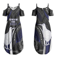 Personalised New Zealand Kiwi Couples Matching Summer Maxi Dress and Hawaiian Shirt Silver Fern Tribal Pattern DT05 - Polynesian Pride
