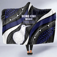 Personalised New Zealand Kiwi Hooded Blanket Silver Fern Tribal Pattern DT05 One Size Navy - Polynesian Pride
