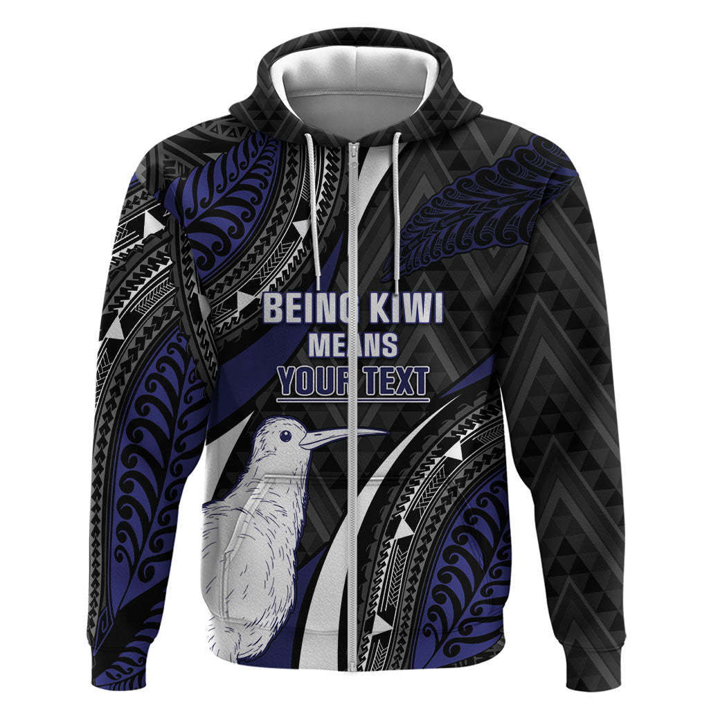 Personalised New Zealand Kiwi Hoodie Silver Fern Tribal Pattern DT05 Zip Hoodie Navy - Polynesian Pride