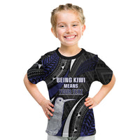 Personalised New Zealand Kiwi Kid T Shirt Silver Fern Tribal Pattern DT05 Navy - Polynesian Pride