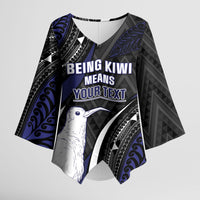 Personalised New Zealand Kiwi Kimono Sleeve Blouse Silver Fern Tribal Pattern DT05 Female Navy - Polynesian Pride