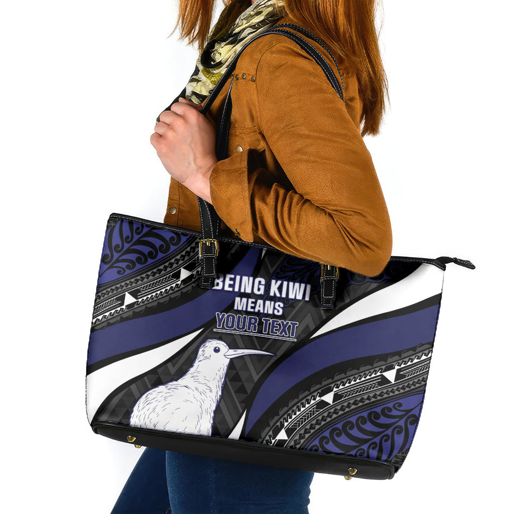 Personalised New Zealand Kiwi Leather Tote Bag Silver Fern Tribal Pattern