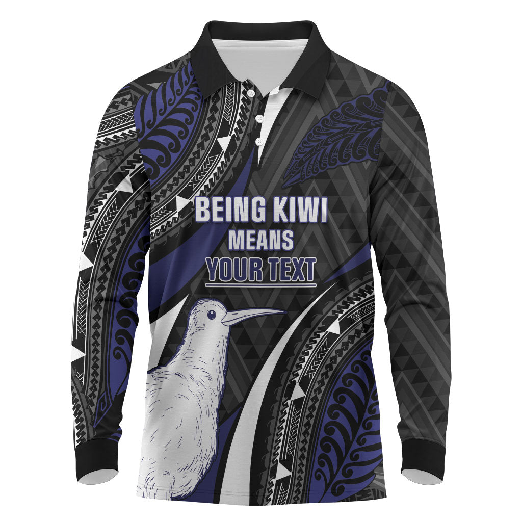 Personalised New Zealand Kiwi Long Sleeve Polo Shirt Silver Fern Tribal Pattern