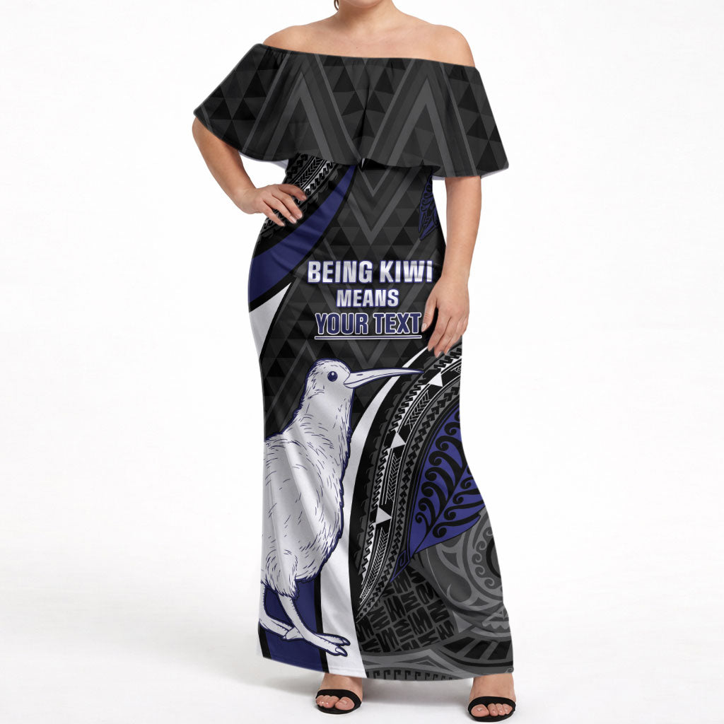 Personalised New Zealand Kiwi Off Shoulder Maxi Dress Silver Fern Tribal Pattern