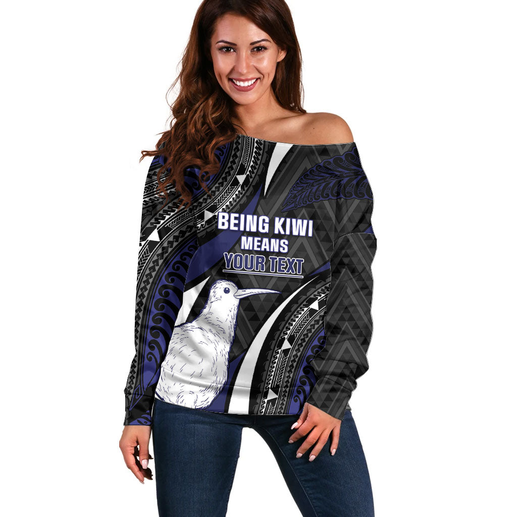 Personalised New Zealand Kiwi Off Shoulder Sweater Silver Fern Tribal Pattern