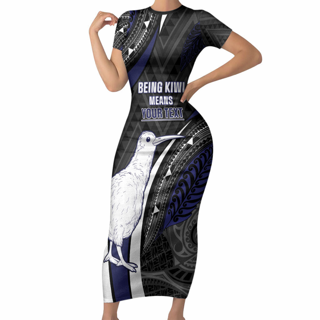 Personalised New Zealand Kiwi Short Sleeve Bodycon Dress Silver Fern Tribal Pattern