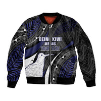 Personalised New Zealand Kiwi Sleeve Zip Bomber Jacket Silver Fern Tribal Pattern DT05 Unisex Navy - Polynesian Pride