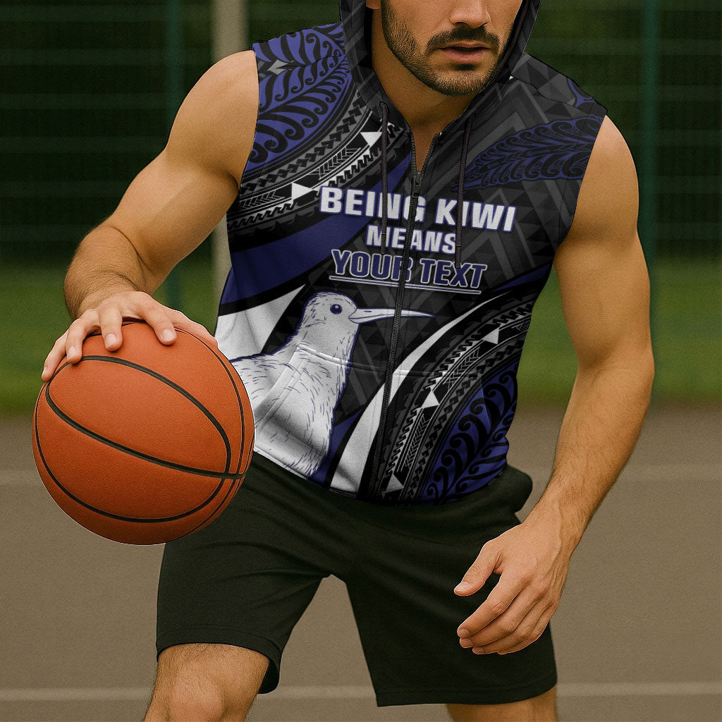 Personalised New Zealand Kiwi Sleeveless Zip Hoodie Silver Fern Tribal Pattern DT05 - Polynesian Pride
