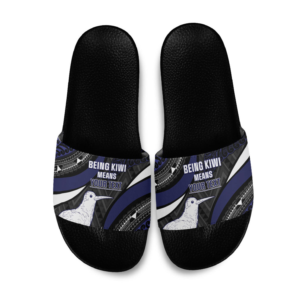 Personalised New Zealand Kiwi Slide Sandals Silver Fern Tribal Pattern