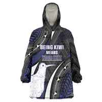 Personalised New Zealand Kiwi Wearable Blanket Hoodie Silver Fern Tribal Pattern DT05 One Size Navy - Polynesian Pride