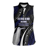 Personalised New Zealand Kiwi Women Sleeveless Polo Shirt Silver Fern Tribal Pattern DT05 Female Navy - Polynesian Pride
