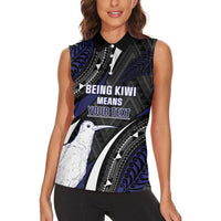 Personalised New Zealand Kiwi Women Sleeveless Polo Shirt Silver Fern Tribal Pattern DT05 - Polynesian Pride