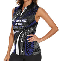 Personalised New Zealand Kiwi Women Sleeveless Polo Shirt Silver Fern Tribal Pattern DT05 - Polynesian Pride