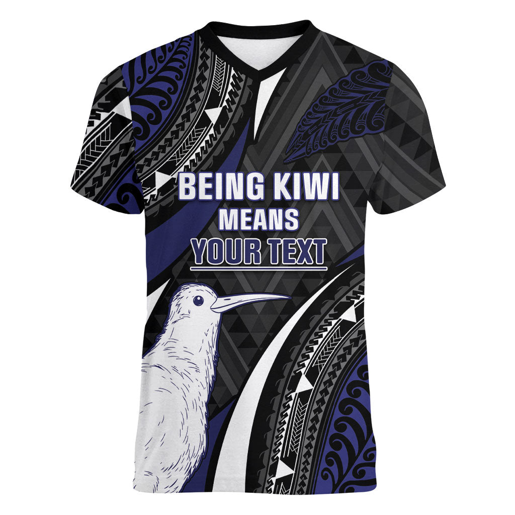Personalised New Zealand Kiwi Women V-Neck T-Shirt Silver Fern Tribal Pattern